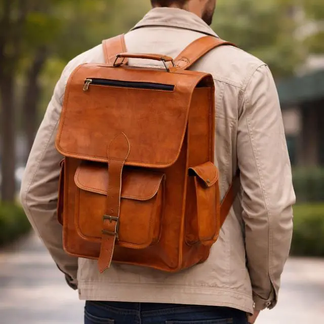 Alt view image 3 of 7 - Shy Shy Let's Touch The Sky 16" Vintage leather Backpack Laptop Messenger Bag Lightweight College Rucksack Sling for Men Women