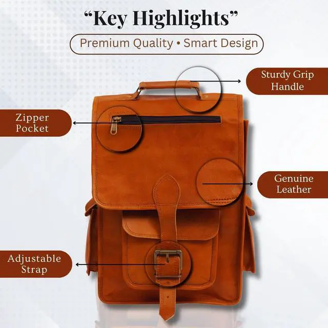 Alt view image 4 of 7 - Shy Shy Let's Touch The Sky 16" Vintage leather Backpack Laptop Messenger Bag Lightweight College Rucksack Sling for Men Women
