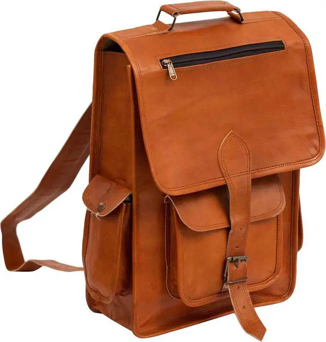 Alt view image 7 of 7 - Shy Shy Let's Touch The Sky 16" Vintage leather Backpack Laptop Messenger Bag Lightweight College Rucksack Sling for Men Women