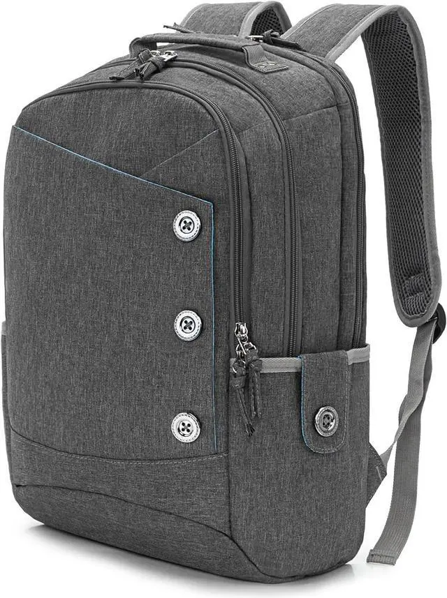 Main image of KINGSLONG 15.6 inch Grey Laptop Backpack for Men Women, Stylish Buttons Decor Daypack with USB Charging Port, Water Resistant Computer Bag Notebook Bag Suitable for College Travel Work Gifts