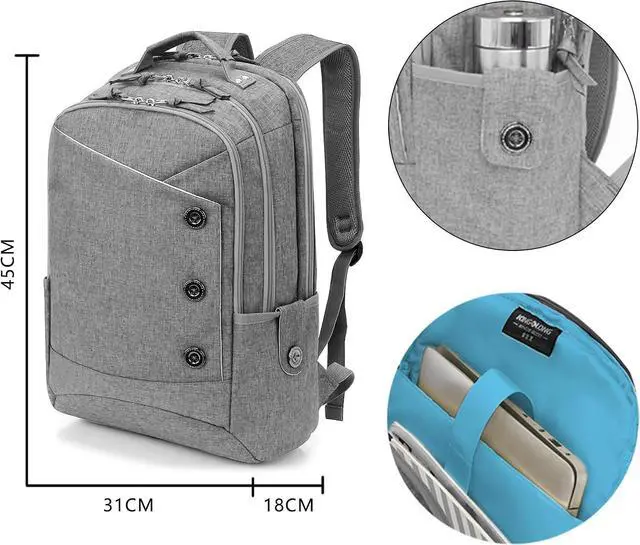 Alt view image 2 of 6 - KINGSLONG 15.6 inch Grey Laptop Backpack for Men Women, Stylish Buttons Decor Daypack with USB Charging Port, Water Resistant Computer Bag Notebook Bag Suitable for College Travel Work Gifts