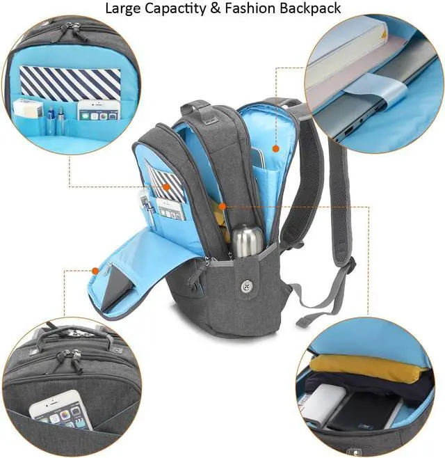 Alt view image 3 of 6 - KINGSLONG 15.6 inch Grey Laptop Backpack for Men Women, Stylish Buttons Decor Daypack with USB Charging Port, Water Resistant Computer Bag Notebook Bag Suitable for College Travel Work Gifts