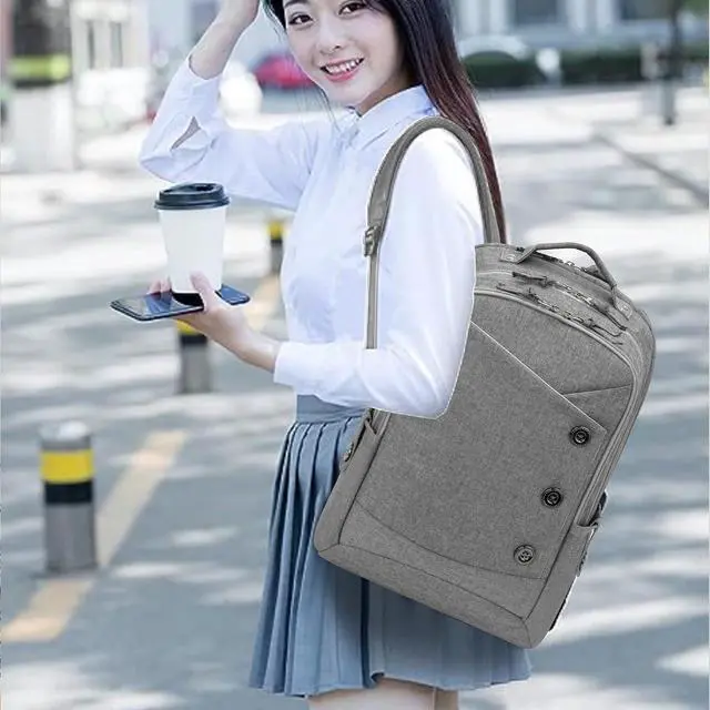 Alt view image 5 of 6 - KINGSLONG 15.6 inch Grey Laptop Backpack for Men Women, Stylish Buttons Decor Daypack with USB Charging Port, Water Resistant Computer Bag Notebook Bag Suitable for College Travel Work Gifts