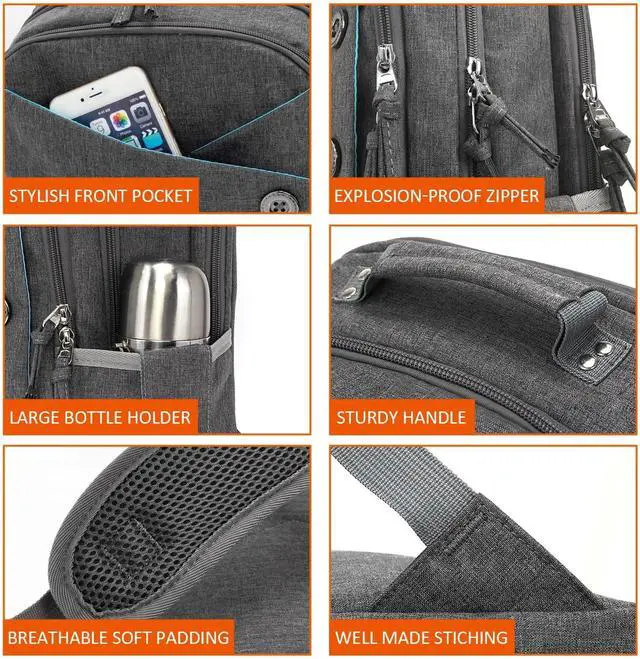 Alt view image 4 of 6 - KINGSLONG 15.6 inch Grey Laptop Backpack for Men Women, Stylish Buttons Decor Daypack with USB Charging Port, Water Resistant Computer Bag Notebook Bag Suitable for College Travel Work Gifts