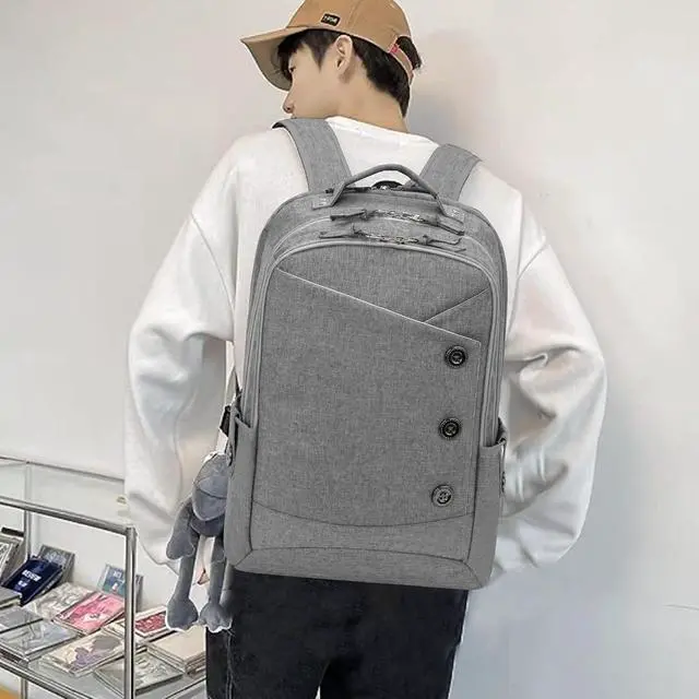 Alt view image 6 of 6 - KINGSLONG 15.6 inch Grey Laptop Backpack for Men Women, Stylish Buttons Decor Daypack with USB Charging Port, Water Resistant Computer Bag Notebook Bag Suitable for College Travel Work Gifts