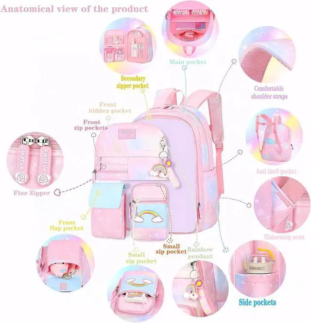 Alt view image 6 of 7 - Girls Backpack Starry Rainbow Bookbag Cute Large Capacity Backpack Multifunction Fashion Casual Laptop Travel Bag For Girl (Blue-17inch)