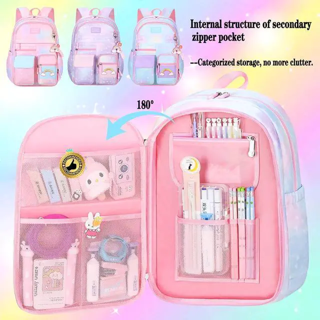 Alt view image 7 of 7 - Girls Backpack Starry Rainbow Bookbag Cute Large Capacity Backpack Multifunction Fashion Casual Laptop Travel Bag For Girl (Blue-17inch)
