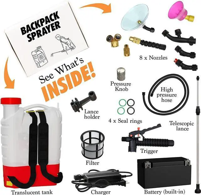 Alt view image 3 of 7 - Battery Powered Backpack Sprayer - 4.2 Gallon, 8 Nozzles, 100PSI Cutoff, Long Battery Life, Wide Mouth, High-Pressure Spray Hose, Trigger Lock, Pressure Knob Controller
