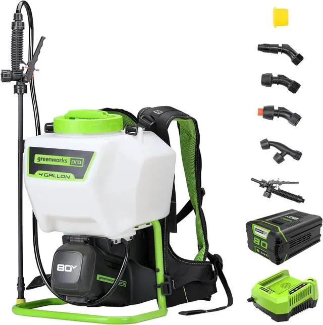 Main image of Greenworks 80V Backpack Sprayer 4 Gallon,Battery Powered Backpack Sprayer Kit for Weeding, Spraying, Pest Control, 2Ah Battery and Charger Included, Green, 80V Sprayer Kit (2.0Ah)