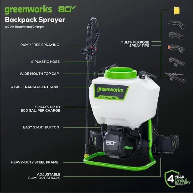 Alt view image 2 of 7 - Greenworks 80V Backpack Sprayer 4 Gallon,Battery Powered Backpack Sprayer Kit for Weeding, Spraying, Pest Control, 2Ah Battery and Charger Included, Green, 80V Sprayer Kit (2.0Ah)