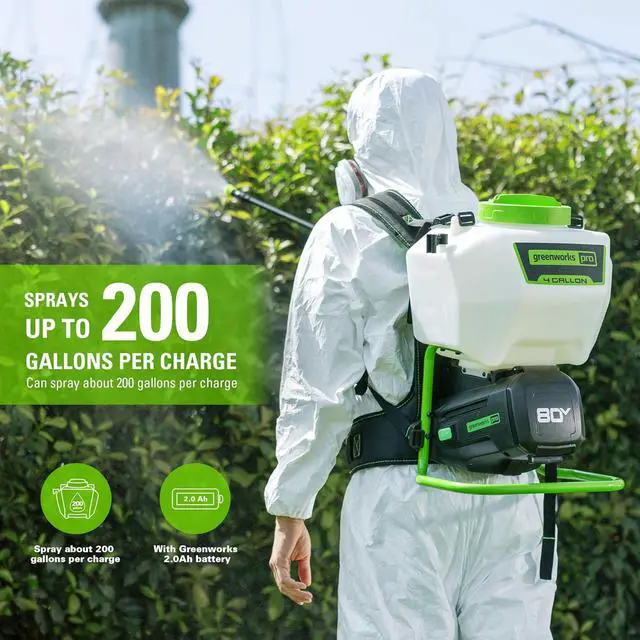 Alt view image 3 of 7 - Greenworks 80V Backpack Sprayer 4 Gallon,Battery Powered Backpack Sprayer Kit for Weeding, Spraying, Pest Control, 2Ah Battery and Charger Included, Green, 80V Sprayer Kit (2.0Ah)