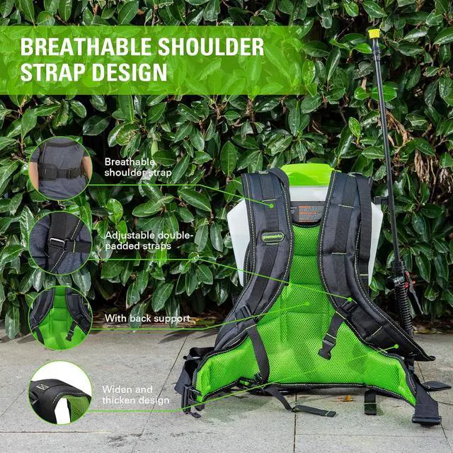 Alt view image 4 of 7 - Greenworks 80V Backpack Sprayer 4 Gallon,Battery Powered Backpack Sprayer Kit for Weeding, Spraying, Pest Control, 2Ah Battery and Charger Included, Green, 80V Sprayer Kit (2.0Ah)