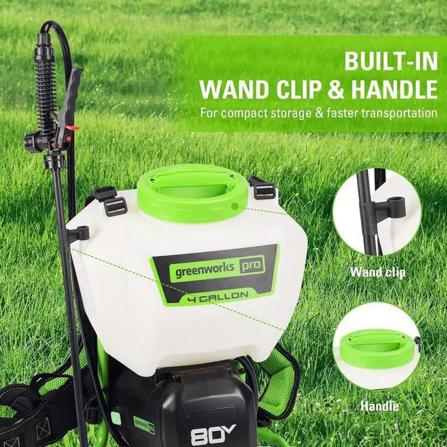 Alt view image 5 of 7 - Greenworks 80V Backpack Sprayer 4 Gallon,Battery Powered Backpack Sprayer Kit for Weeding, Spraying, Pest Control, 2Ah Battery and Charger Included, Green, 80V Sprayer Kit (2.0Ah)