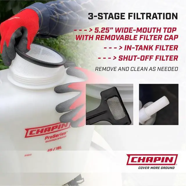 Alt view image 5 of 5 - Chapin 4-Gallon ProSeries Backpack Sprayer, 3-Stage Filtration | Chemical-resistant poly tank; adjustable brass, poly and fan nozzles for precise lawn, garden and landscape coverage