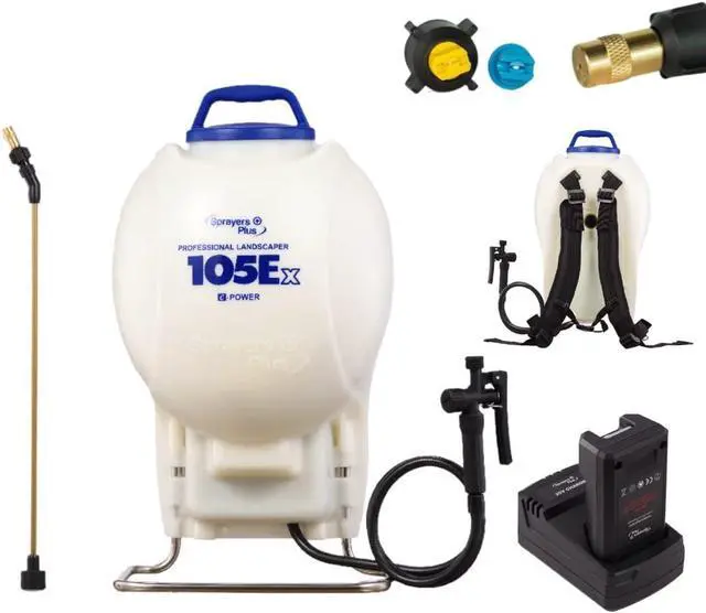 Main image of Sprayers Plus 105ex Backpack Sprayer 4 Gallon Battery Powered, 20V Lithium Battery, Chemcial Resistant Viton Seals Brass Wand, Adjustable Nozzles for Lawn Care Gardening Weed Control