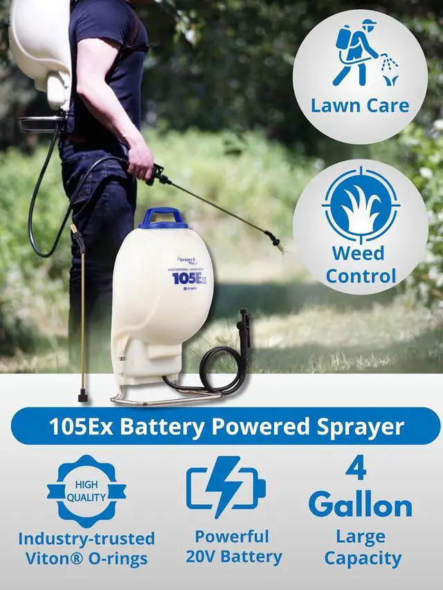 Alt view image 2 of 7 - Sprayers Plus 105ex Backpack Sprayer 4 Gallon Battery Powered, 20V Lithium Battery, Chemcial Resistant Viton Seals Brass Wand, Adjustable Nozzles for Lawn Care Gardening Weed Control