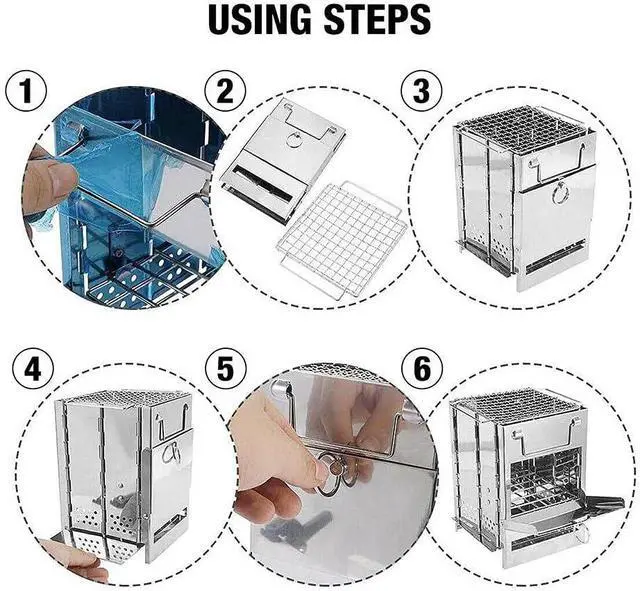 Alt view image 4 of 7 - Camping Wood Burning Stove with Grill, Collapsible Backpacking Survival Rocket Stove Stainless Steel Campfire Stove for Outdoor Cooking Picnic Hiking BBQ (Sliver-Small)