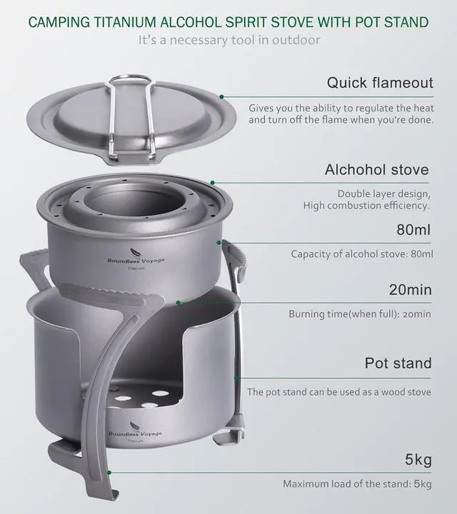 Alt view image 4 of 7 - Boundless Voyage Titanium Alcohol Stove Spirit Burner with Fire Cover Outdoor Wood Stove with Stands Brackets Camping Multi-Fuels Ultralight Backpacking Stove (Stove & Bracket Set)