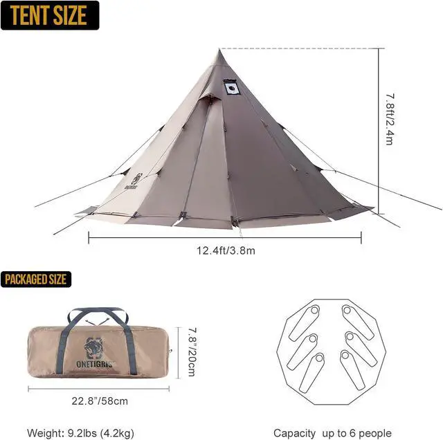 Alt view image 3 of 7 - OneTigris Rock Fortress Hot Tent with Stove Jack, 4 Season, 4-6 Person Tipi for Camping, Backpacking, Hunting, Fishing - Waterproof, Wind-Proof