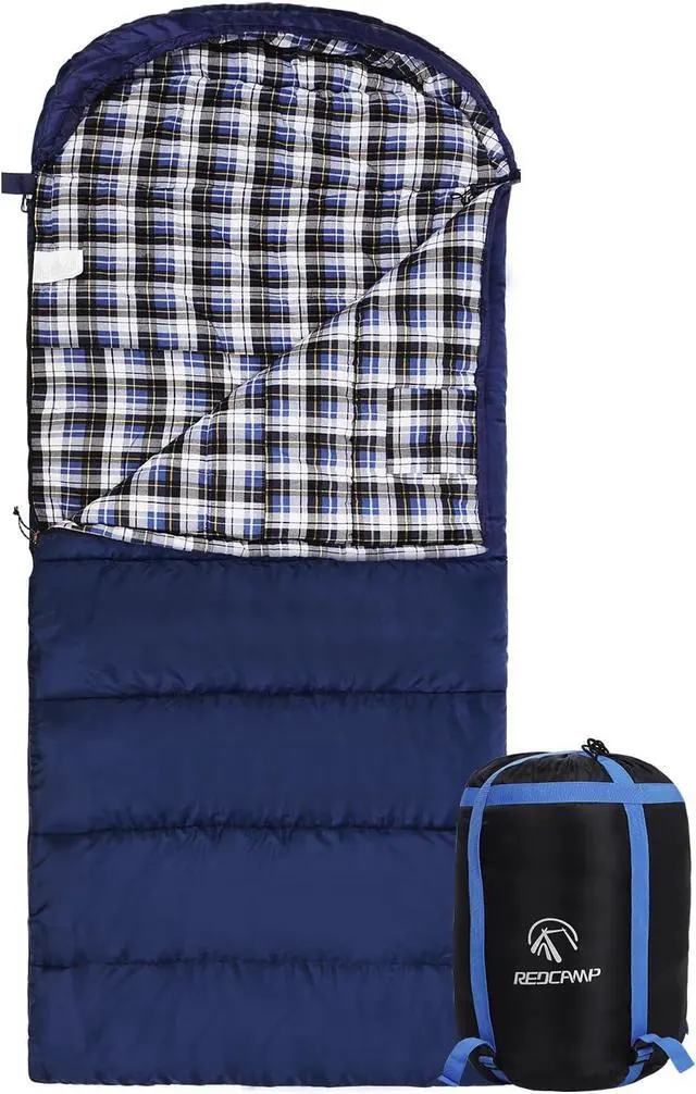 Main image of REDCAMP Flannel Sleeping Bag for Adults, Comfortable Cotton Envelope Sleeping Bags for Camping, Backpacking, Hiking, with Detachable Hood&Compression Sack, Blue/Red/Grey/Black