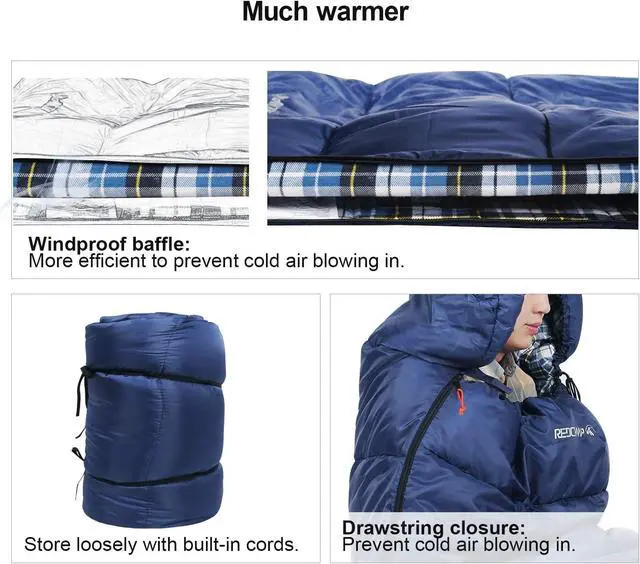 Alt view image 4 of 7 - REDCAMP Flannel Sleeping Bag for Adults, Comfortable Cotton Envelope Sleeping Bags for Camping, Backpacking, Hiking, with Detachable Hood&Compression Sack, Blue/Red/Grey/Black