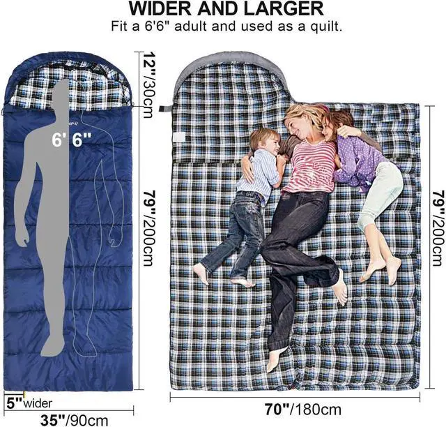 Alt view image 2 of 7 - REDCAMP Flannel Sleeping Bag for Adults, Comfortable Cotton Envelope Sleeping Bags for Camping, Backpacking, Hiking, with Detachable Hood&Compression Sack, Blue/Red/Grey/Black