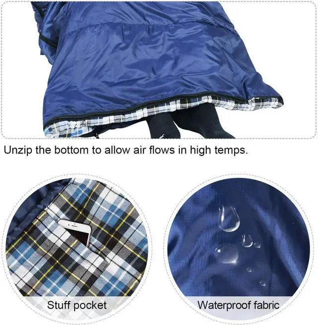 Alt view image 7 of 7 - REDCAMP Flannel Sleeping Bag for Adults, Comfortable Cotton Envelope Sleeping Bags for Camping, Backpacking, Hiking, with Detachable Hood&Compression Sack, Blue/Red/Grey/Black