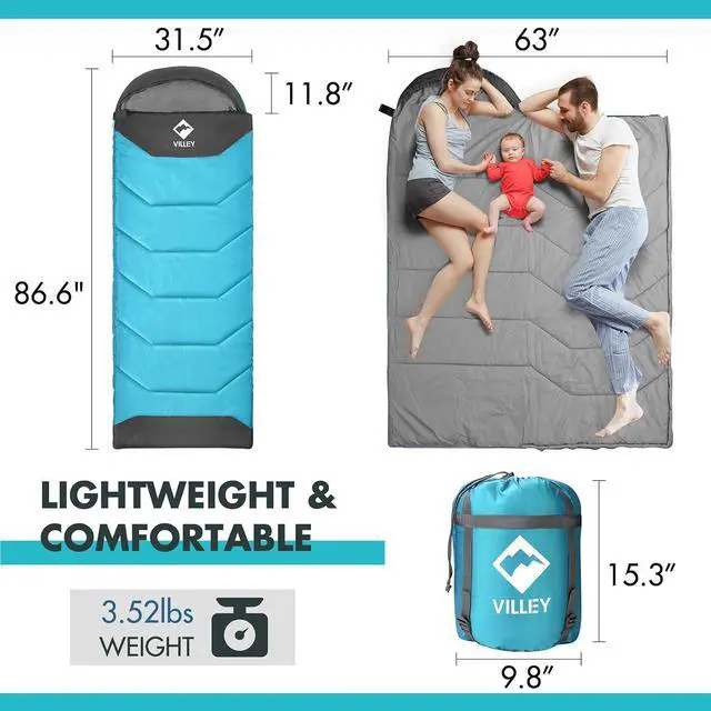 Alt view image 2 of 7 - VILLEY Camping Sleeping Bag for Adults Boys and Girls, Lightweight Compact Backpacking Sleeping Bag for Outdoor, Traveling, Hiking