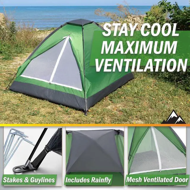Alt view image 4 of 7 - 2 Person Camping Tent with Rain Fly and Carrying Bag - Lightweight Outdoor Pop Up Tents for Camping Essentials, Music Festivals, Backpacking, Hiking, or Beach Shelter by Wakeman Outdoors