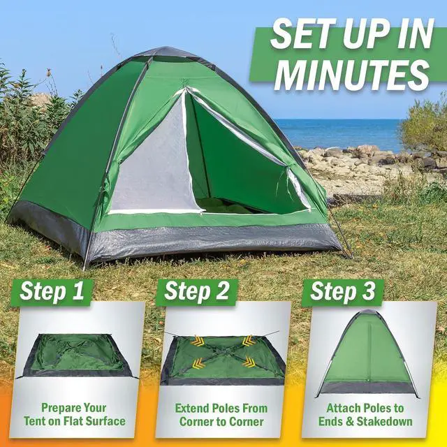 Alt view image 7 of 7 - 2 Person Camping Tent with Rain Fly and Carrying Bag - Lightweight Outdoor Pop Up Tents for Camping Essentials, Music Festivals, Backpacking, Hiking, or Beach Shelter by Wakeman Outdoors
