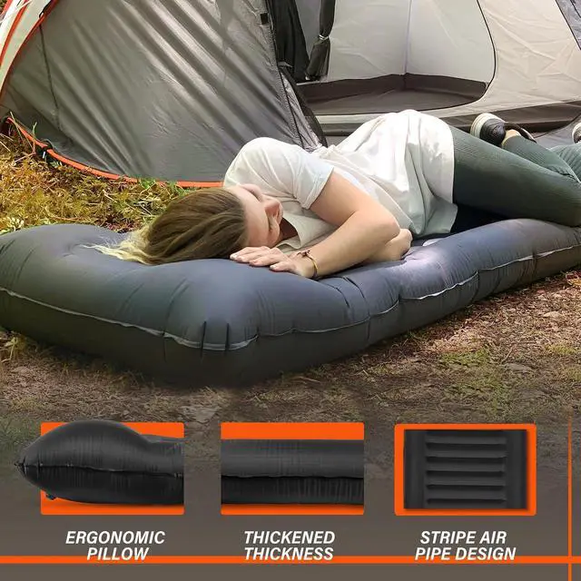 Alt view image 4 of 7 - TOBTOS Inflatable Camping Sleeping Pad with Pillow, Thick 6 Inch Ultralight Sleeping Pad with Built-in Pump, Lightweight Sleeping Mat for Camping, Backpacking, Hiking, Tent (Grey)