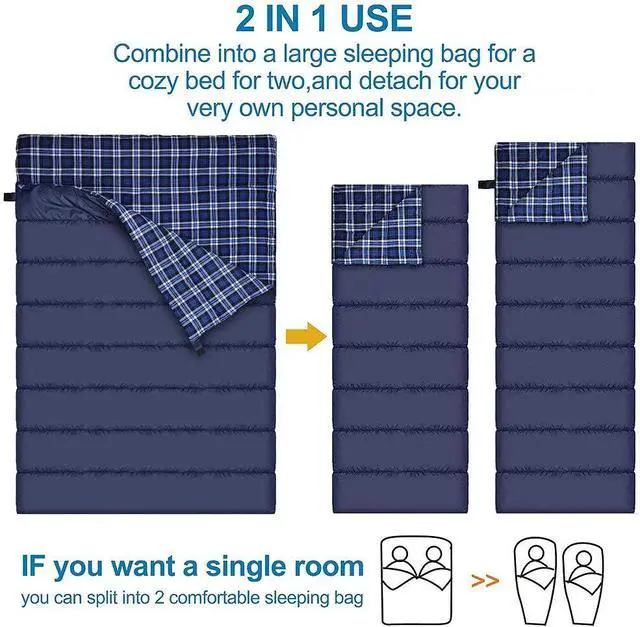 Alt view image 4 of 7 - Cotton Flannel Double Sleeping Bag, 2 Person Camping Sleeping Bag | Queen Size for Adults Couples Family Camping Backpacking Hiking or Rv Traveling, Lightweight and Waterproof, 3-4 Season Use