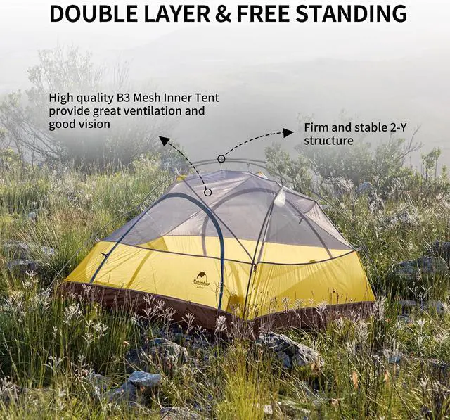 Alt view image 3 of 7 - Naturehike Star River 2 Person Backpacking Tent, Lightweight Waterproof 2 Person Camping Tent, Double Layer Two Person Tents for Camping, Hiking, Cycling