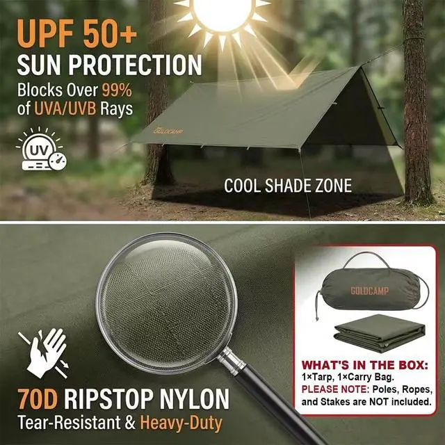 Alt view image 3 of 6 - GOLDCAMP 70D Camping Tarp PU15000mm Waterproof Rain Fly UV50+(10x10ft) | Heavy-duty ripstop with rust-resistant grommets for custom setups. Tarp and pouch included with every set.