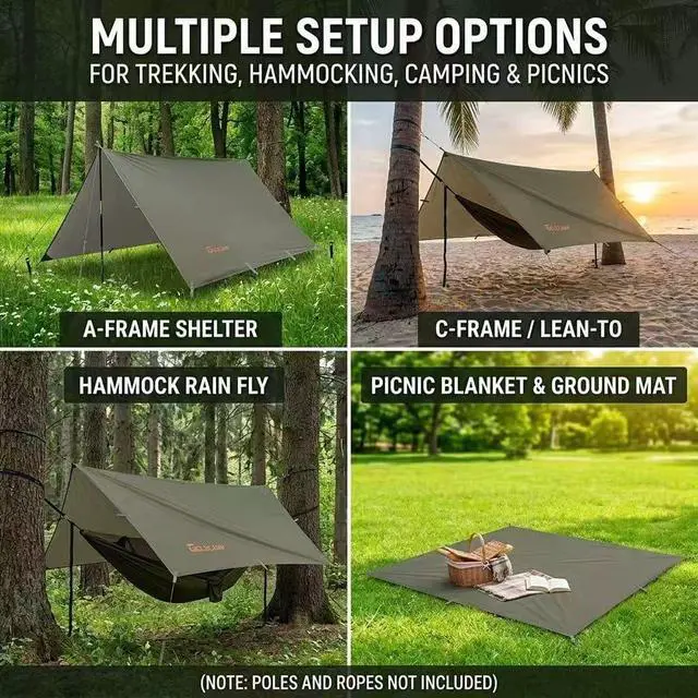 Alt view image 4 of 6 - GOLDCAMP 70D Camping Tarp PU15000mm Waterproof Rain Fly UV50+(10x10ft) | Heavy-duty ripstop with rust-resistant grommets for custom setups. Tarp and pouch included with every set.