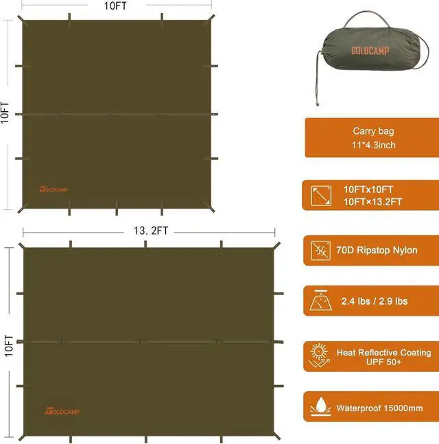 Alt view image 5 of 6 - GOLDCAMP 70D Camping Tarp PU15000mm Waterproof Rain Fly UV50+(10x10ft) | Heavy-duty ripstop with rust-resistant grommets for custom setups. Tarp and pouch included with every set.