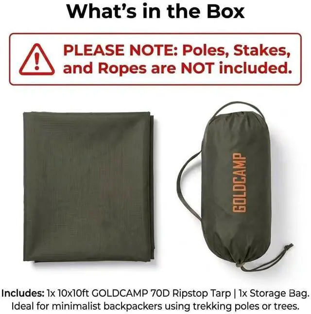 Alt view image 6 of 6 - GOLDCAMP 70D Camping Tarp PU15000mm Waterproof Rain Fly UV50+(10x10ft) | Heavy-duty ripstop with rust-resistant grommets for custom setups. Tarp and pouch included with every set.