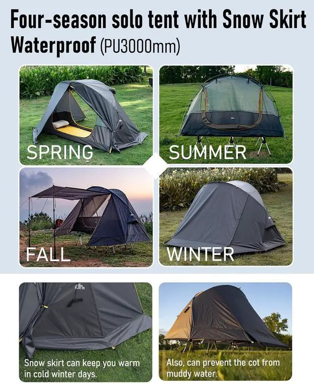 Alt view image 4 of 7 - Ultralight 4 Season Solo Tent Waterproof with Snow Skirt Rainfly, Ground/Off The Ground Tent for Backpacking Camping Hiking Trekking Mountaineering