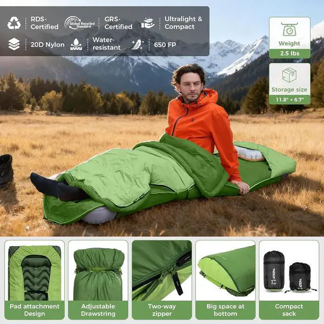 Alt view image 6 of 7 - ATEPA Down Sleeping Bag for Adults, Recycled Ultralight 35°F 40°F 45°F 50°F 650FP / 700FP 3 Season Compact Sleeping Bags with Compression Sack for Backpacking Camping Hiking, Can Be Attached to Pad