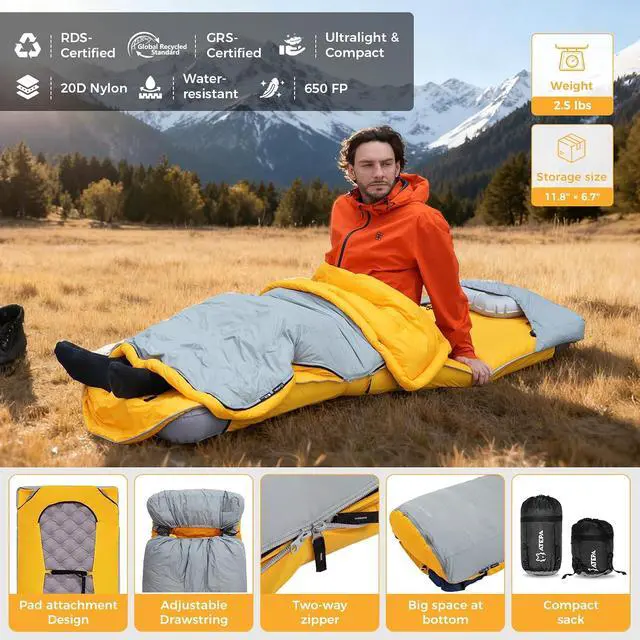 Alt view image 6 of 7 - ATEPA Down Sleeping Bag for Adults, Recycled Ultralight 35°F 40°F 45°F 50°F 650FP / 700FP 3 Season Compact Sleeping Bags with Compression Sack for Backpacking Camping Hiking, Can Be Attached to Pad