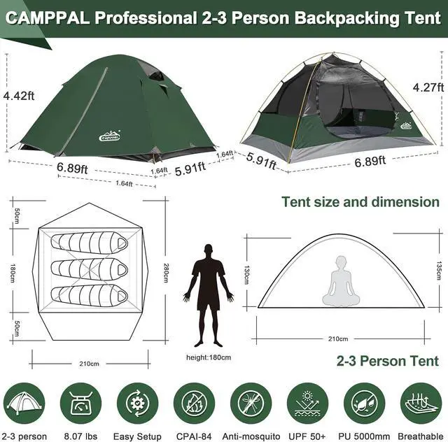 Alt view image 6 of 7 - 2-3 Person Backpacking Tent with Double Door 2 Vestibule, Waterproof Windproof Lightweight Easy Set Up 3 Season 2 Man Two Person Tent for Camping, Hiking, Motorcycle, Mountaineering with UPF 50+