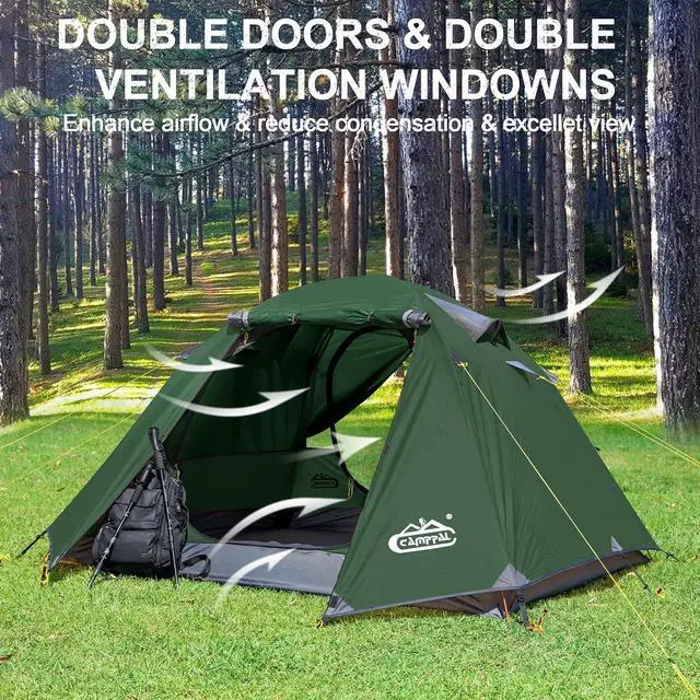 Alt view image 4 of 7 - 2-3 Person Backpacking Tent with Double Door 2 Vestibule, Waterproof Windproof Lightweight Easy Set Up 3 Season 2 Man Two Person Tent for Camping, Hiking, Motorcycle, Mountaineering with UPF 50+