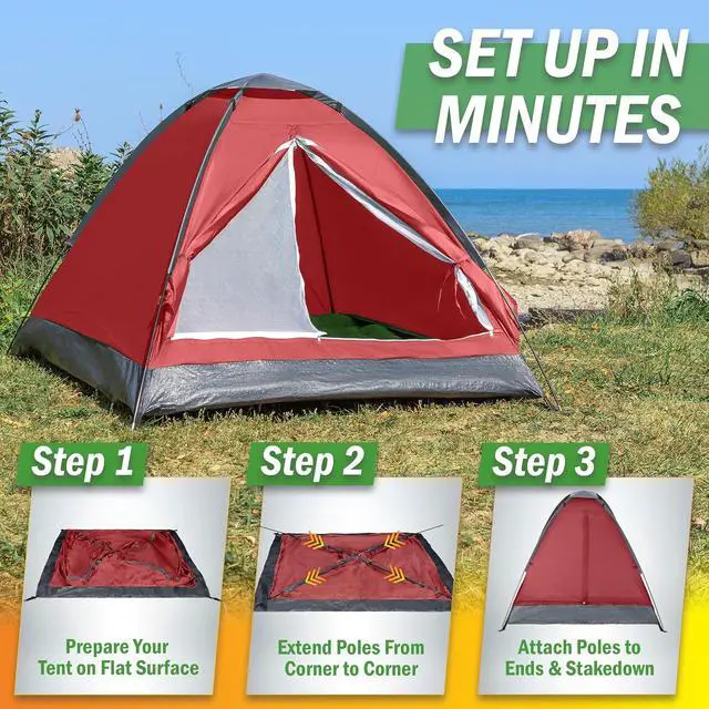 Alt view image 7 of 7 - 2 Person Camping Tent with Rain Fly and Carrying Bag - Lightweight Outdoor Pop Up Tents for Camping Essentials, Music Festivals, Backpacking, Hiking, or Beach Shelter by Wakeman Outdoors