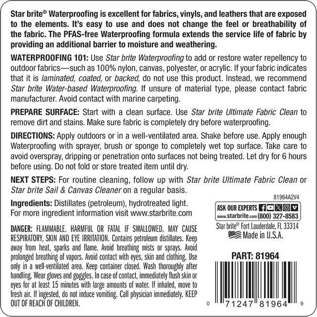 Alt view image 2 of 6 - STAR BRITE Waterproofing Spray, Waterproofer + Stain Repellent + UV Protection for Boat Covers, Car Covers, Bimini Tops, Tents, Jackets, Backpacks, Boots, Awnings, Patio Covers & More
