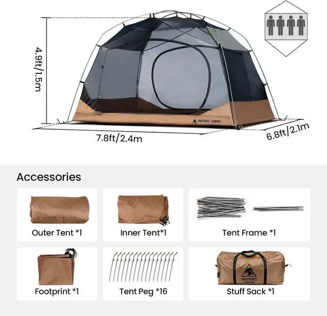 Alt view image 3 of 7 - OneTigris JOVIAN 4 Person Camping Tent 3 Season Family Shelter Easy Setup Outdoor Backpacking with 2000mm Outer Rainfly, 5000mm Bottom & Waterproof Floor Mat