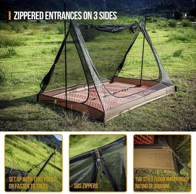 Alt view image 4 of 7 - OneTigris 2 Person Mesh Tent, 3 Openings Screen Shelter with Waterproof Bathtub Floor for Outdoors Camping Lightweight Backpacking Thru-Hiking Travel Patio