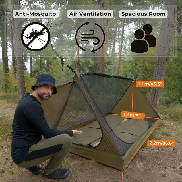 Alt view image 4 of 7 - onewind Mesh Tent for 2 Person, 2 Openings Inner Tent for Tarp Ultralight Trekking Pole Tent Tarp Backpacking Netting Tent with Waterproof Bathtub Floor, No Trekking Pole Included