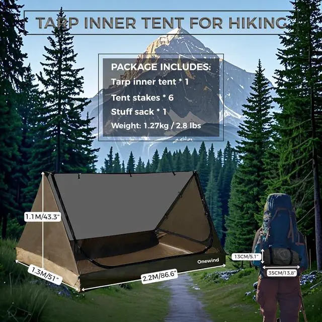 Alt view image 6 of 7 - onewind Mesh Tent for 2 Person, 2 Openings Inner Tent for Tarp Ultralight Trekking Pole Tent Tarp Backpacking Netting Tent with Waterproof Bathtub Floor, No Trekking Pole Included