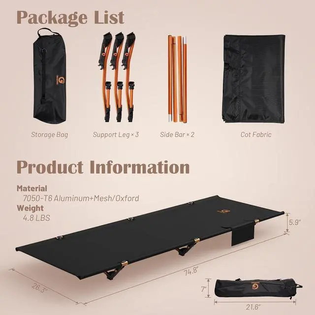 Alt view image 6 of 7 - G2 Foldable Camping Cot, Durable Travel Tent Cot, Ultralight for Backpacking, Summer Hiking, Mountaineering, Max Loading Capacity 264lb, Easy to use for Woman & Man, Comes with Storage Bag