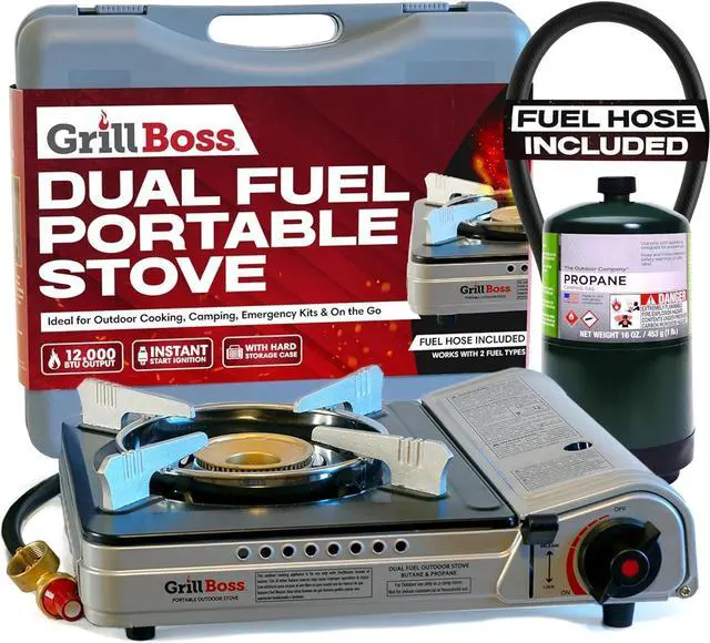 Main image of Grill Boss Dual Fuel Camp Stove - 12,000 BTU Butane & Propane Portable Stoves for Camping, Emergencies, BBQ, Hiking & Backpacking - Double Wind Guard, Instant Piezo Ignition System - 90057
